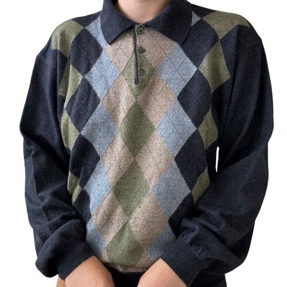 Vintage Lord & Taylor Navy Blue Green Argyle 100% Merino Wool Polo Sweater Sz L - Picture 3 of 5
